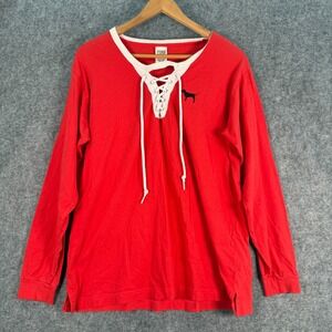 Victoria's Secret Pink Womens Lace Up L/S Shirt Top Red Large L Lounge Cozy